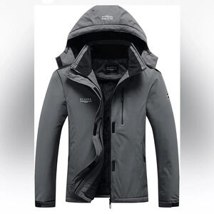 DLGJPA waterproof hooded Jacket, dark grey, size M. There are 3 front pockets.